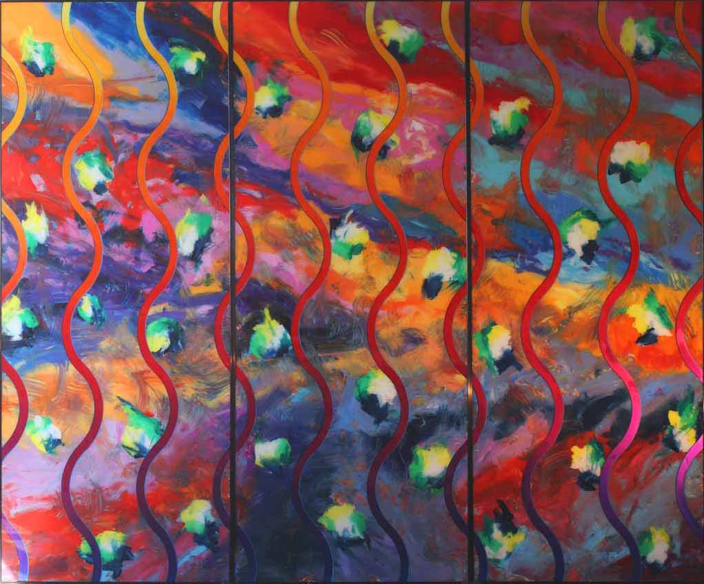 Wellen  - Ölfarbe, Perlacryl, Paint Marker hinter Plexiglas  - 2001 - 290 x 345 cm 
